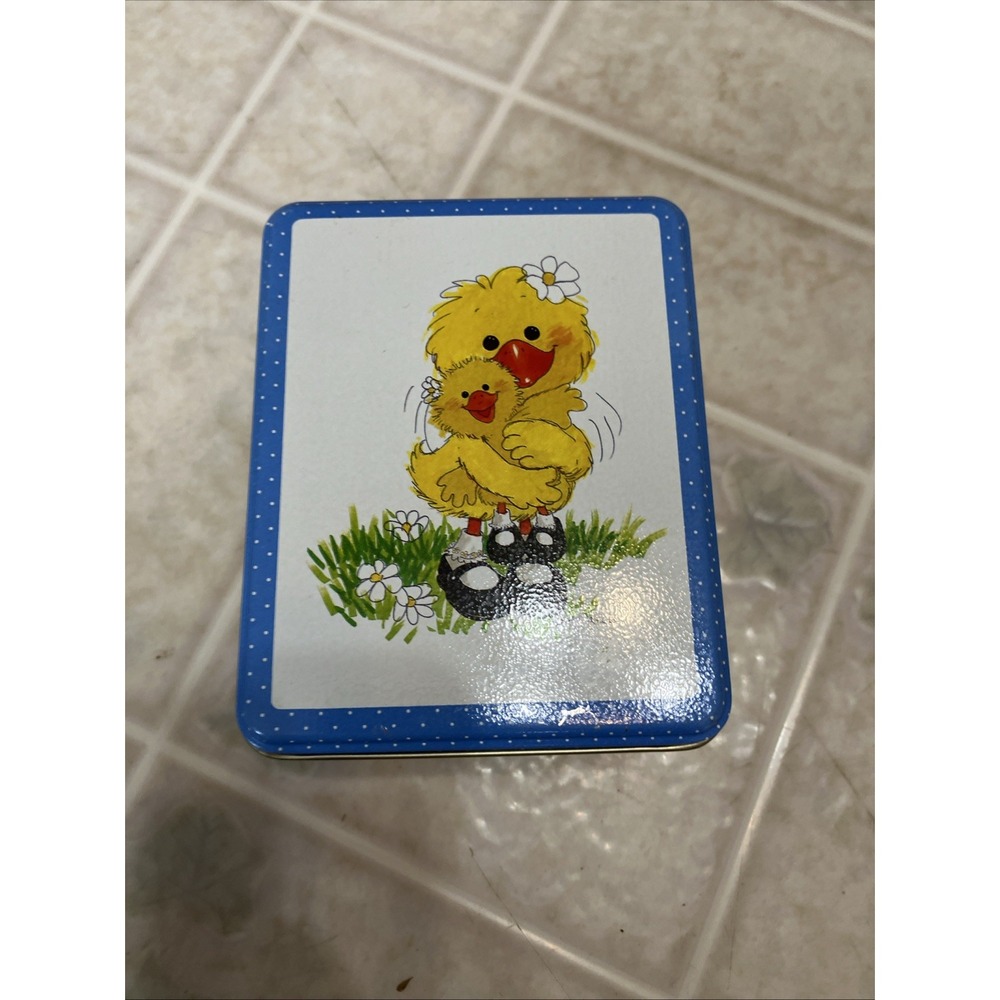Vintage Suzy's Zoo Current Small Tin with Lid - Blue polka Dot Border 1983